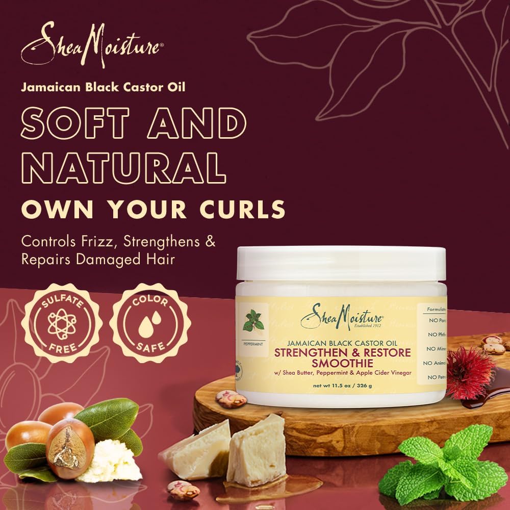 shea butter, peppermint, restores hair, and strengthens.