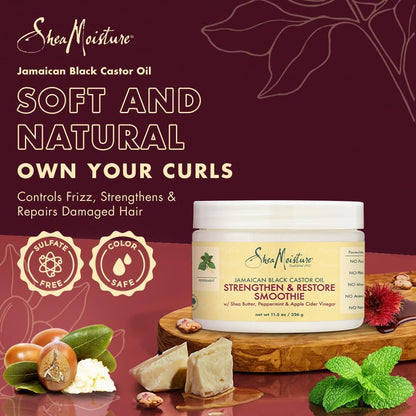 shea butter, peppermint, restores hair, and strengthens.