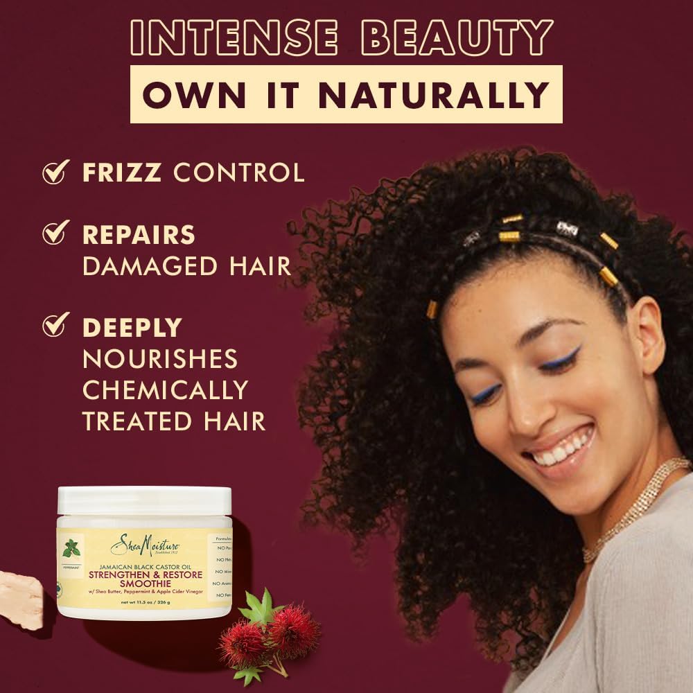 shea butter, peppermint, restores hair, and strengthens.