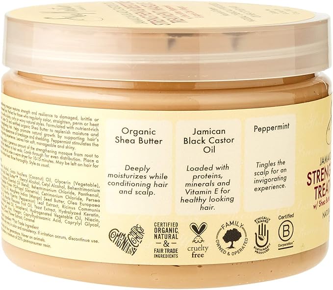 shea butter, peppermint, restores hair, and strengthens. Helps hair grow.