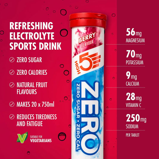 Electrolyte sports drink. Zero calories. Vegan. Berry flavour. Magnesium. Potassium. Calcium. Vitamin C. sodium.