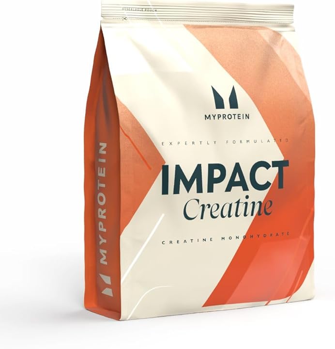 A package of My Protein Impact Creatine monohydrate powder in a white and orange bag.