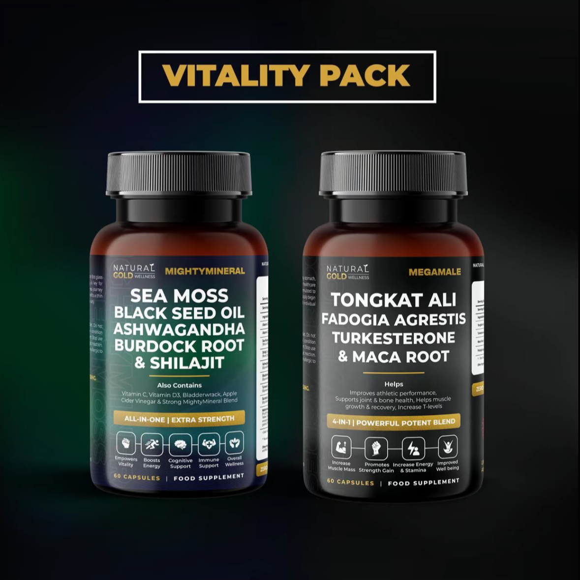 Two bottles of supplements labeled 'VITALITY PACK', one named 'MIGHTYMINERAL' and the other 'MEGAMALE', with various natural ingredients listed such as sea moss, ashwagandha, and maca root.