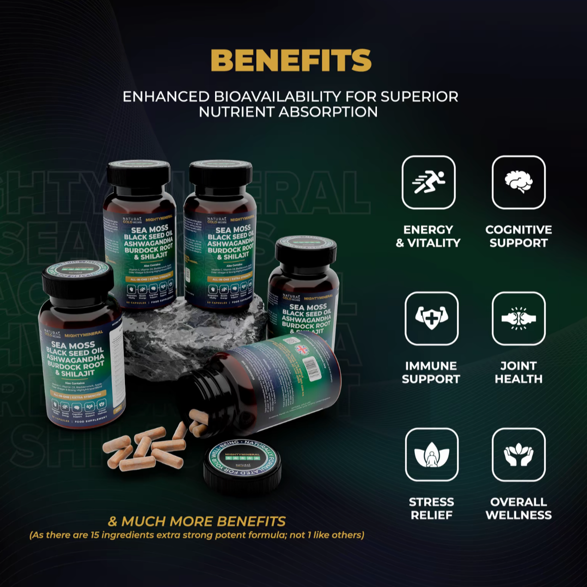 energy, vitality, cognitive support, immune support, joint health, stress relief, overall wellness