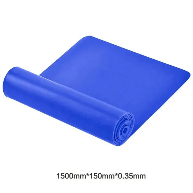 A person demonstrating the use of a blue resistance band, with additional bands shown in different colors such as red, yellow, green, and purple.