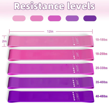 Five resistance bands in varying colors of pink, purple, and blue, labeled with resistance levels and sizes, with a carry bag.