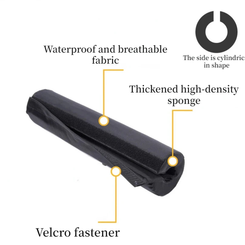 A black barbell pad with waterproof and breathable fabric, thick high-density sponge, and Velcro fastener.