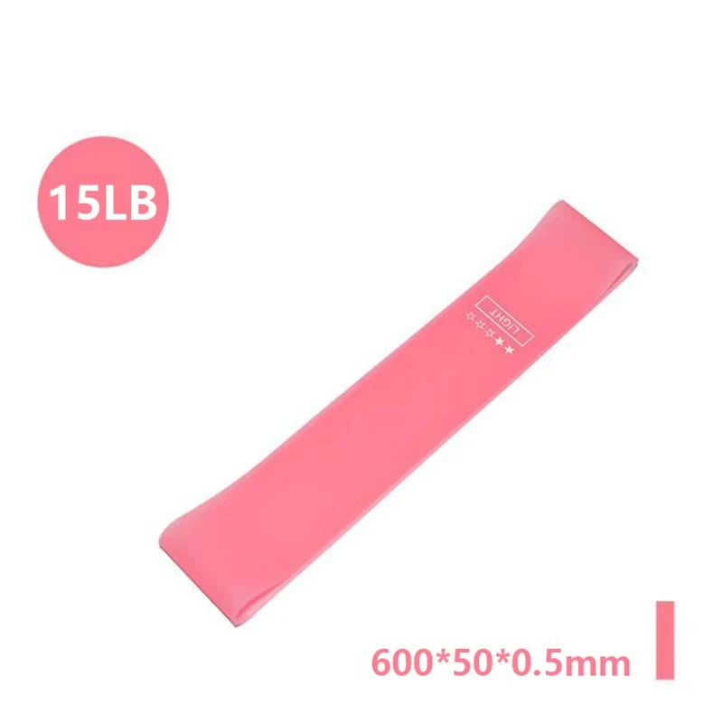 Five resistance bands in varying colors of pink, purple, and blue, labeled with resistance levels and sizes, with a carry bag.