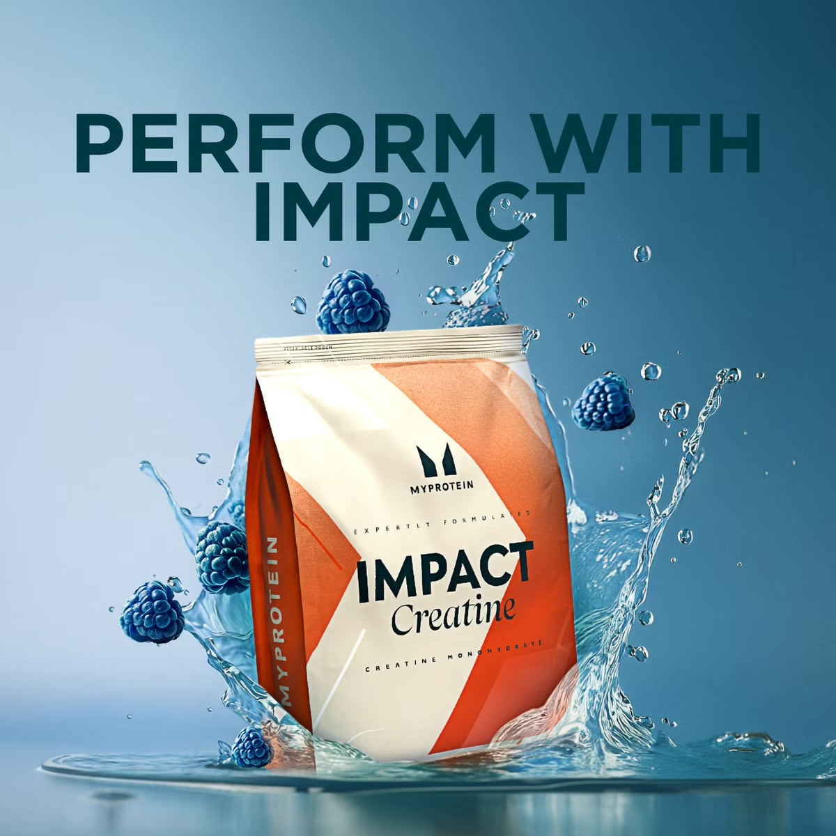 A package of My Protein Impact Creatine Monohydrate powder in a white and orange bag.